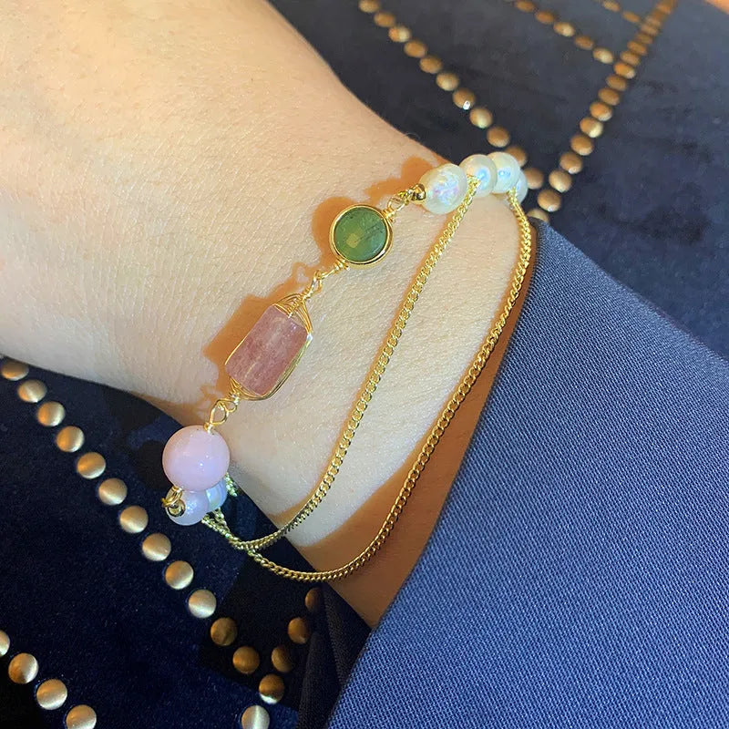 Women's freshwater pearl bracelet with geometric design and strawberry crystal accents