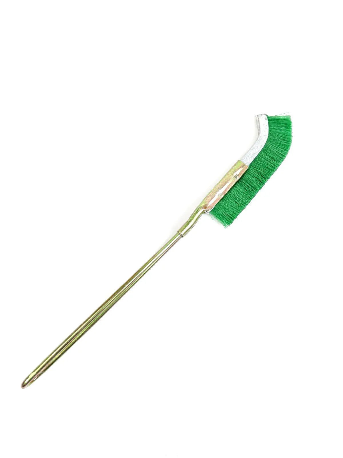 Green elbow-shaped nylon wire rust removal brush with metal handle for range hood cleaning