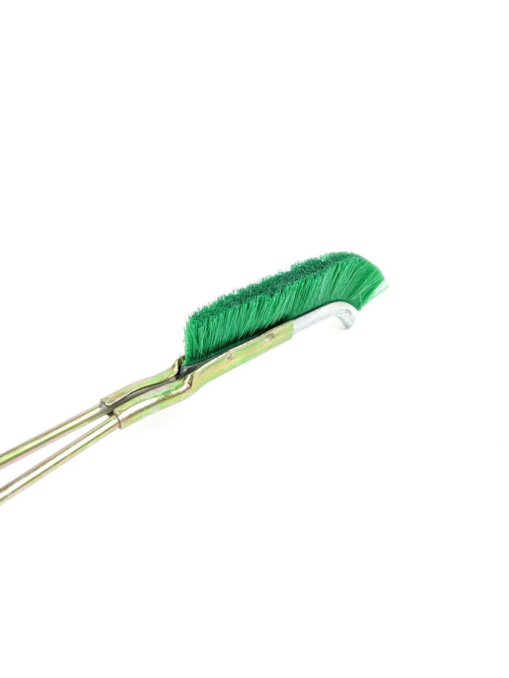 Green elbow-shaped nylon wire rust removal brush with metal handle for range hood cleaning