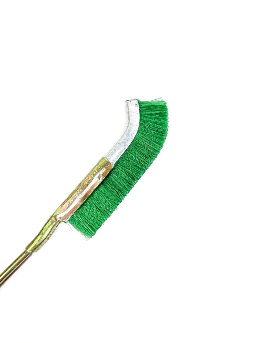 Green elbow-shaped nylon wire rust removal brush with metal handle for range hood cleaning