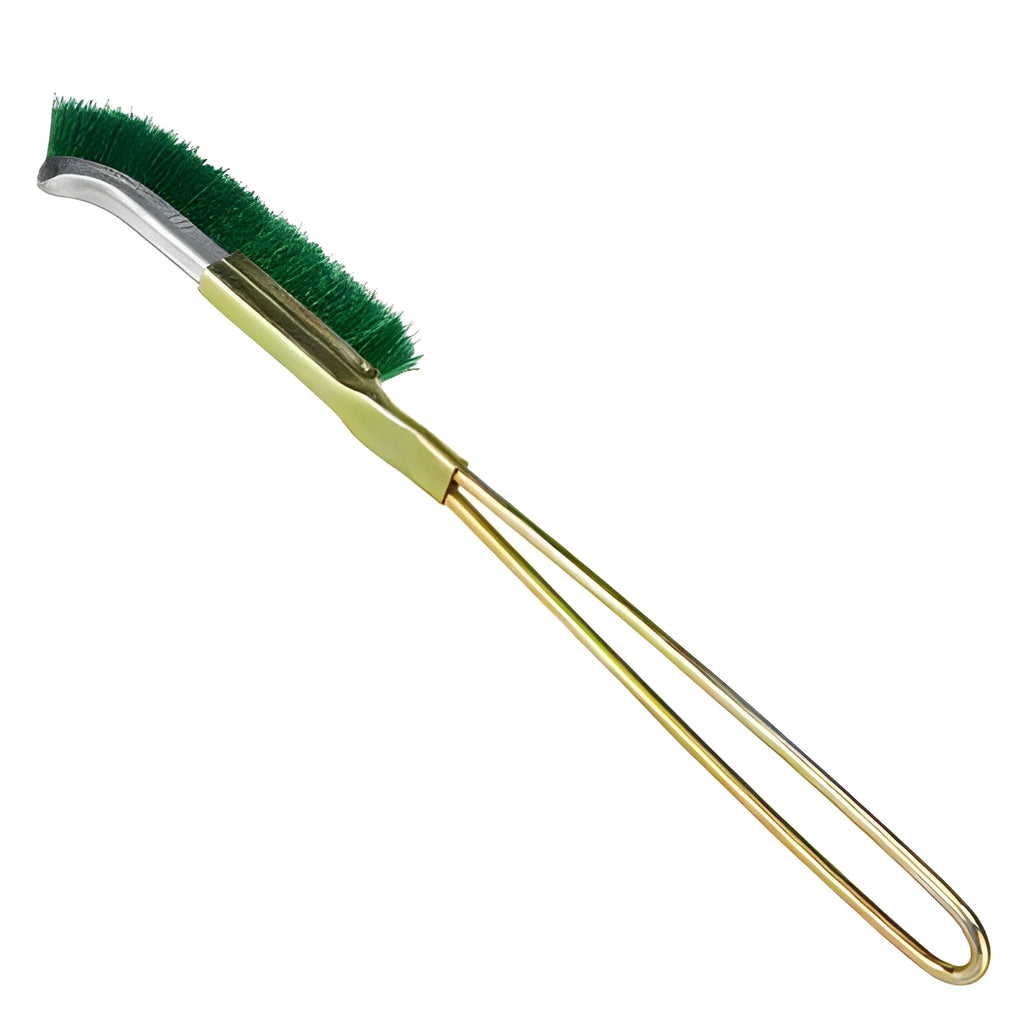 Green elbow-shaped nylon wire rust removal brush with metal handle for range hood cleaning