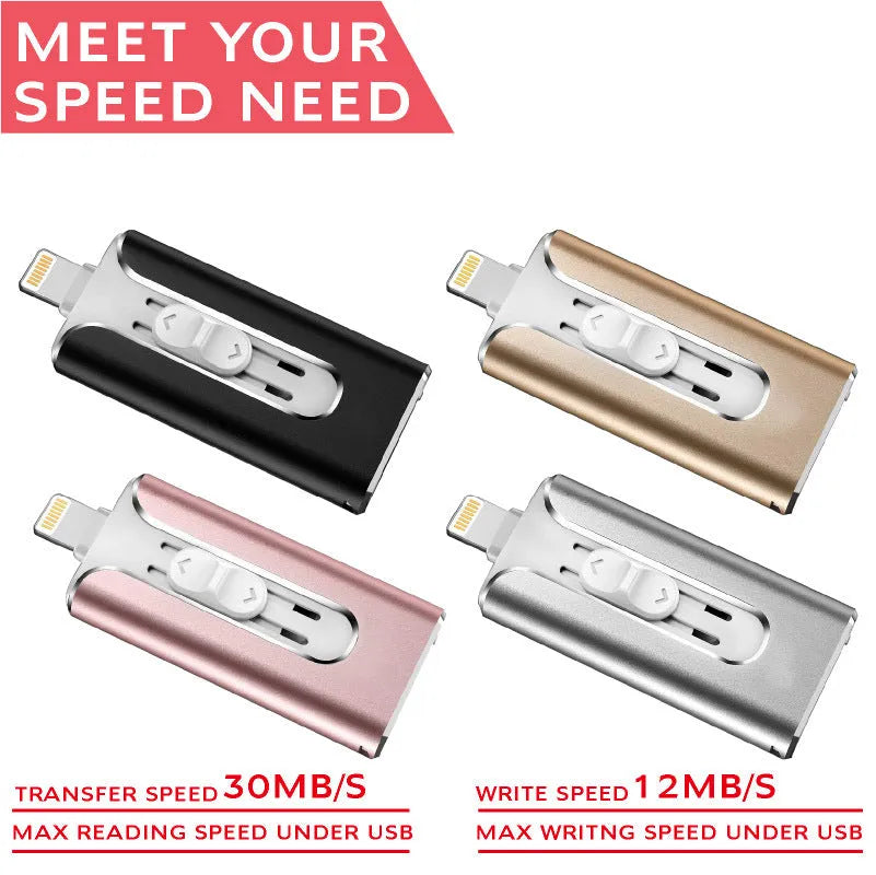 Metal three-in-one USB flash drive with USB and Lightning connectors in black, silver, gold, or rose gold.