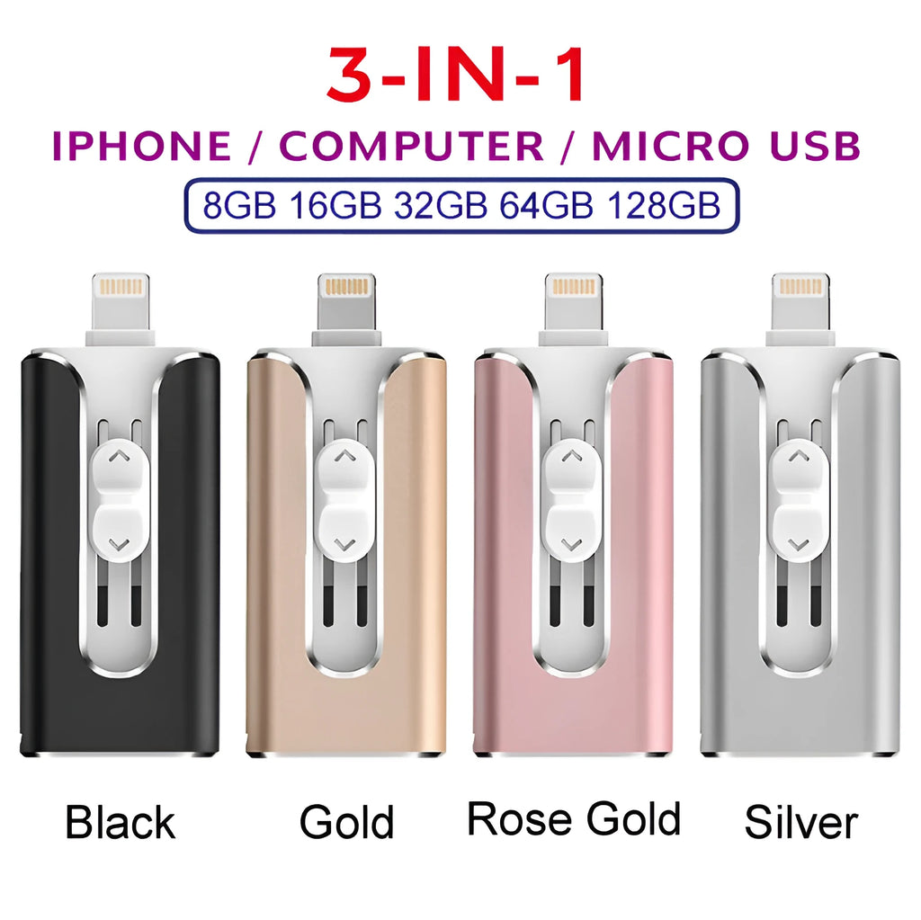 Metal three-in-one USB flash drive with USB and Lightning connectors in black, silver, gold, or rose gold.