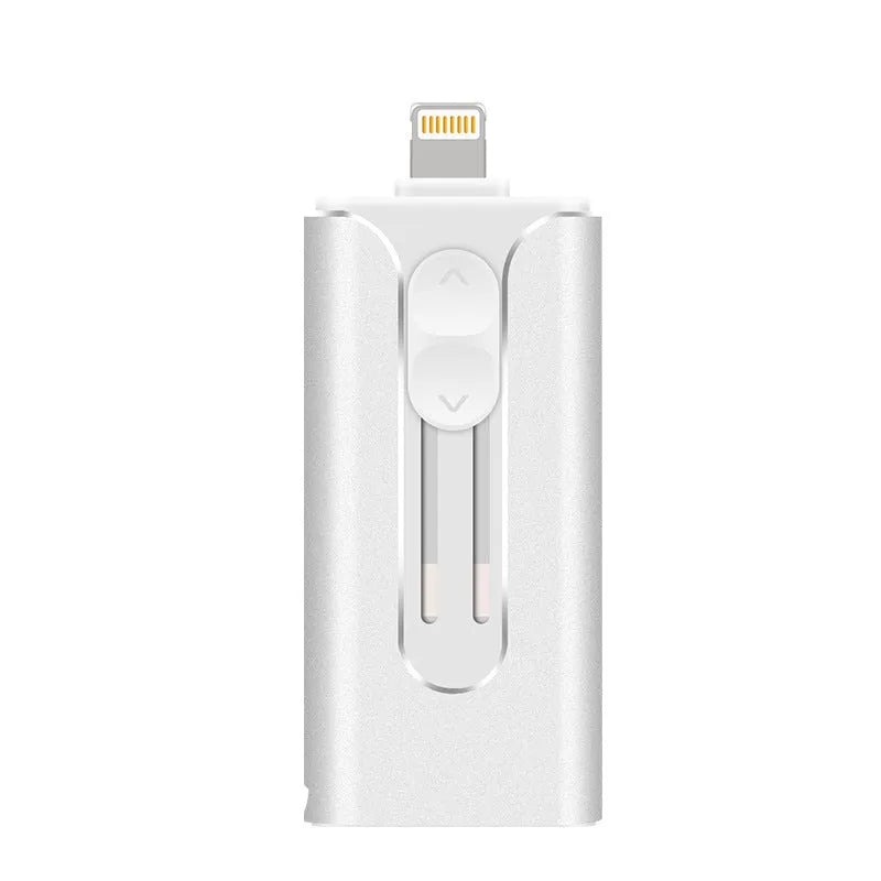 Metal three-in-one USB flash drive with USB and Lightning connectors in black, silver, gold, or rose gold.