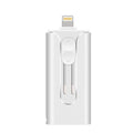 Metal three-in-one USB flash drive with USB and Lightning connectors in black, silver, gold, or rose gold.