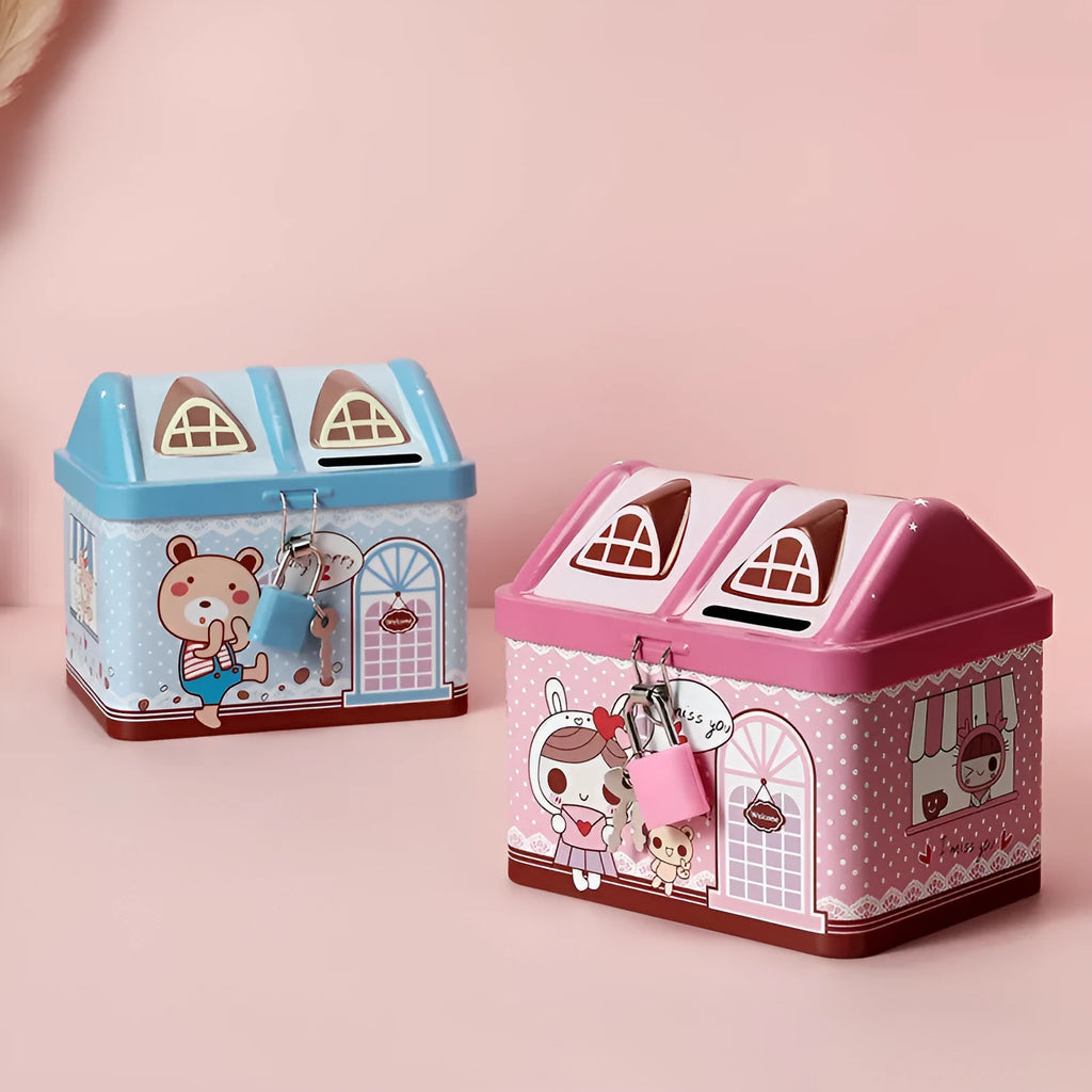Blue house-shaped tinplate piggy bank on desktop with coins