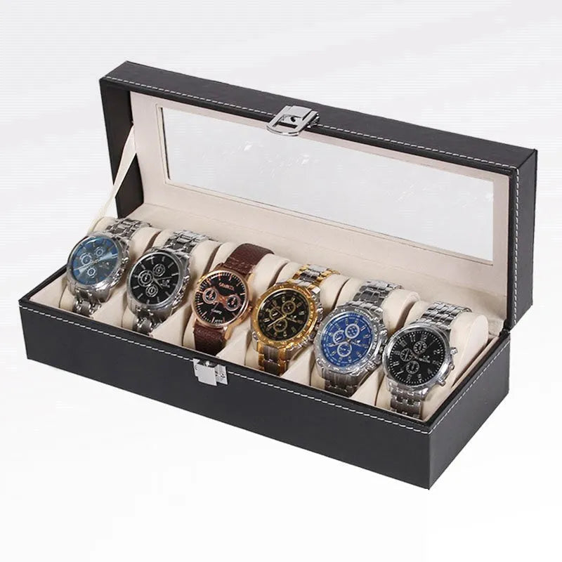 Black wooden watch storage box with six display windows measuring 30cm by 11cm by 8cm