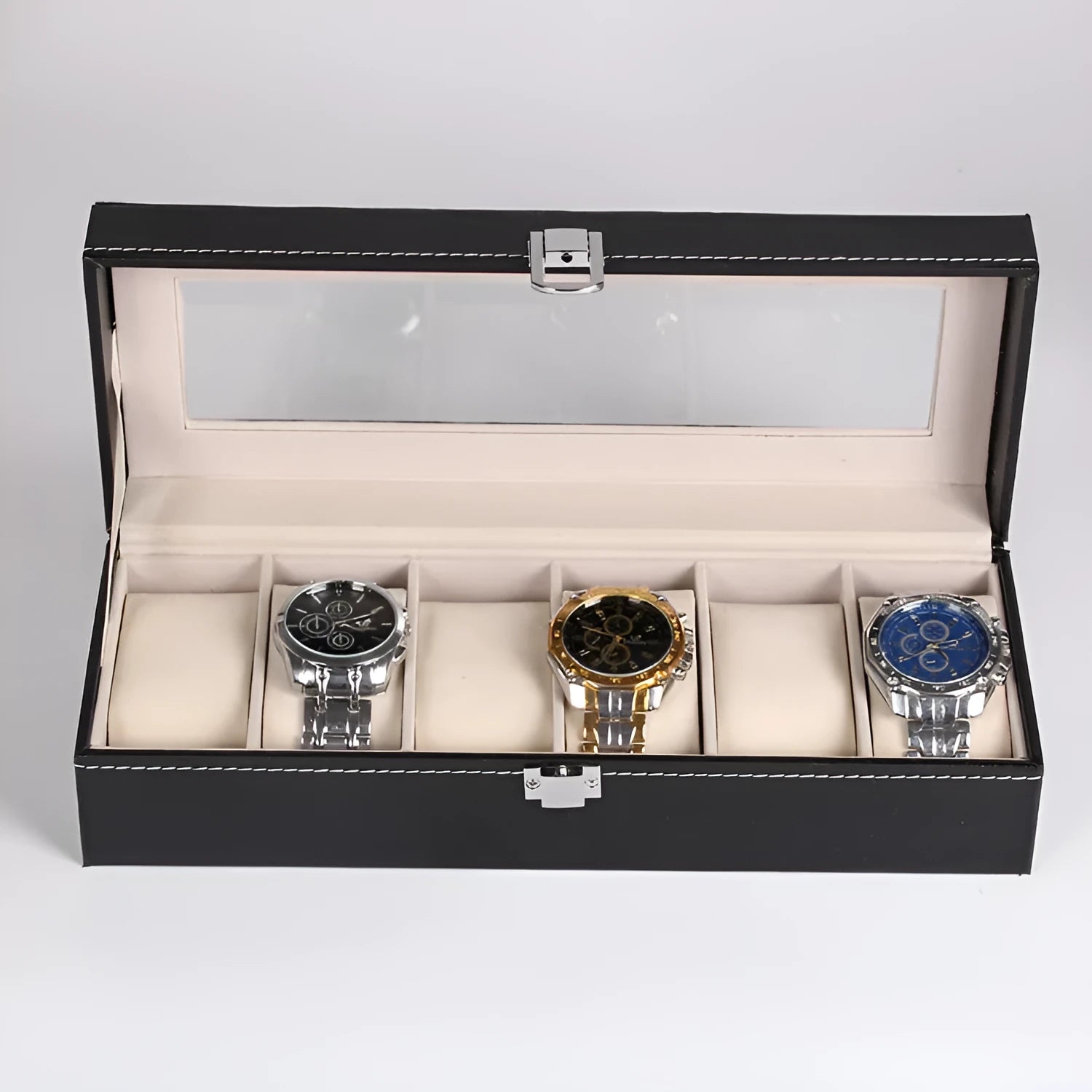 Black wooden watch storage box with six display windows measuring 30cm by 11cm by 8cm
