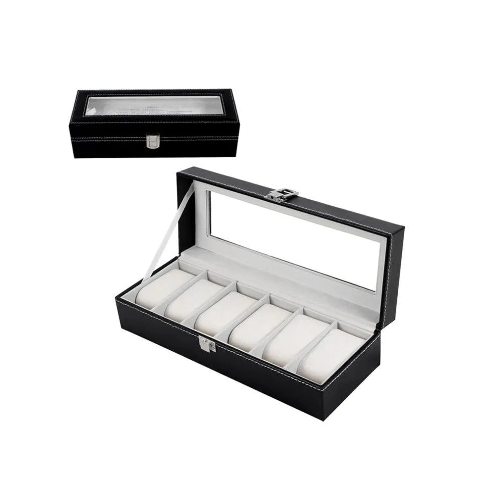 Black wooden watch storage box with six display windows measuring 30cm by 11cm by 8cm