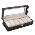 Black wooden watch storage box with six display windows measuring 30cm by 11cm by 8cm