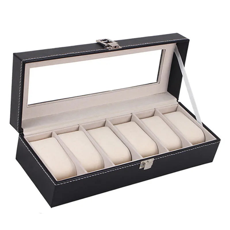 Black wooden watch storage box with six display windows measuring 30cm by 11cm by 8cm