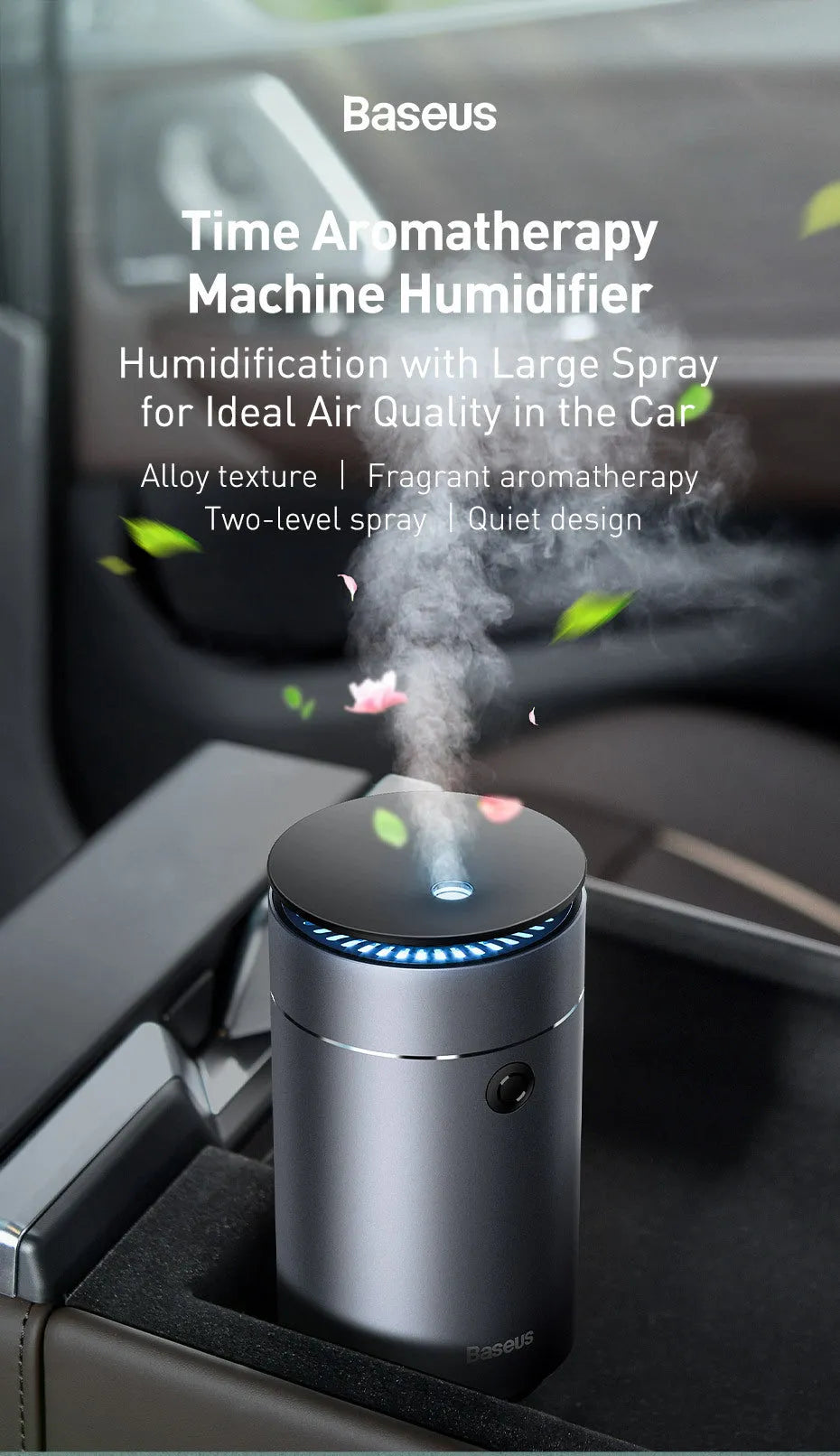 12V metal car air purifier in grey or silver, designed for in-car use