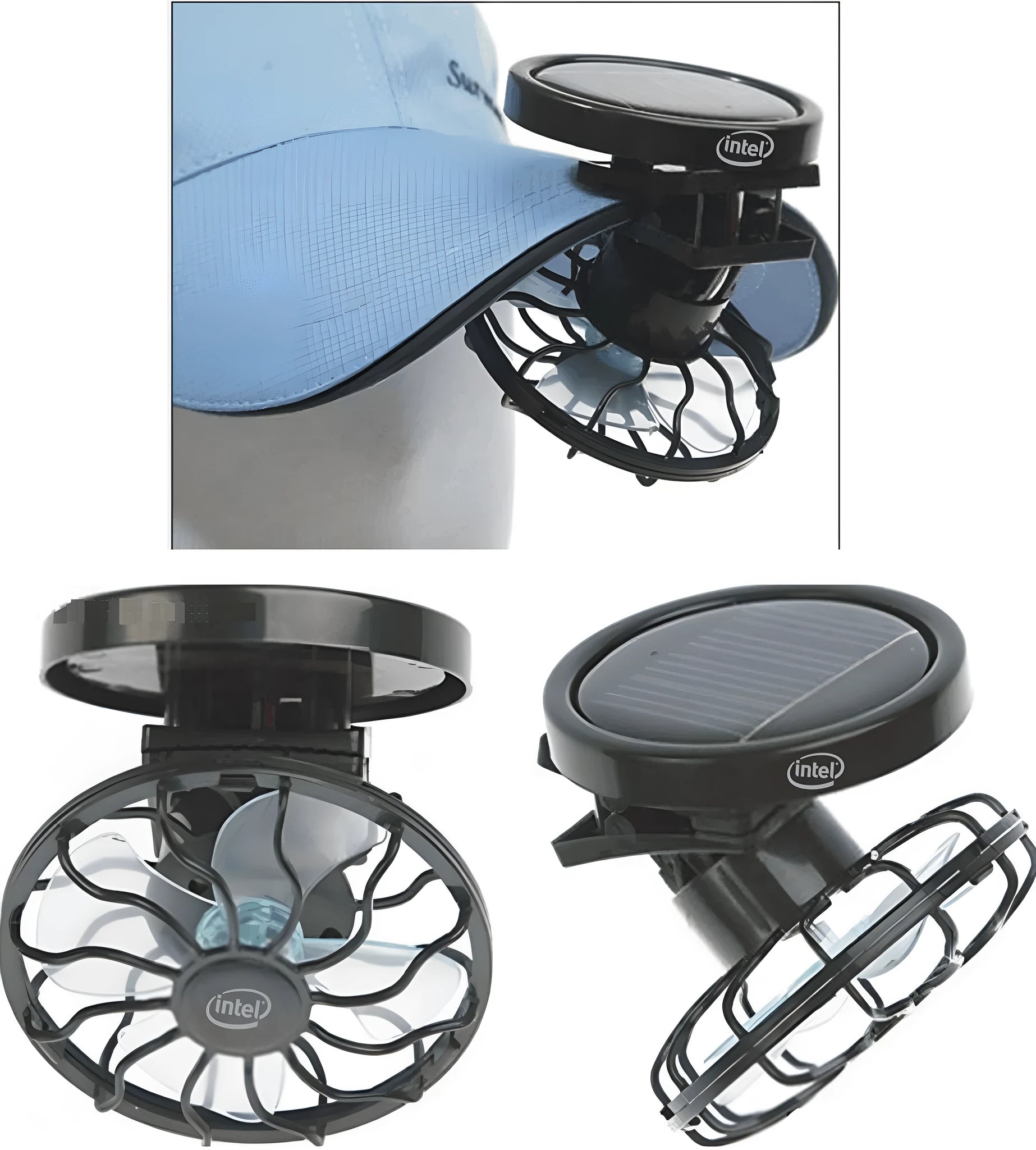 Black solar-powered clip-on cooling fan with solar panel for outdoor camping and travel