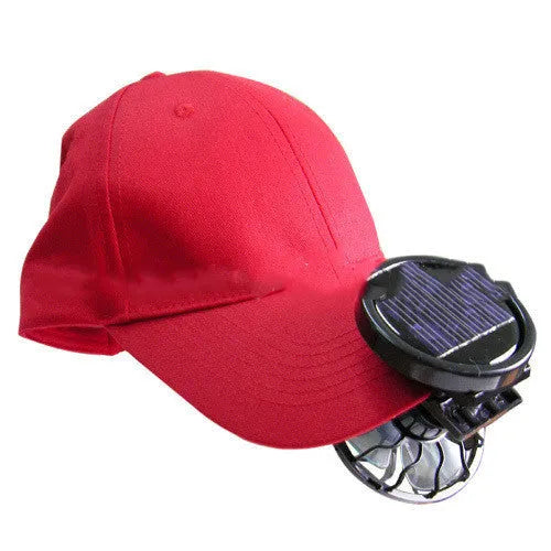 Black solar-powered clip-on cooling fan with solar panel for outdoor camping and travel