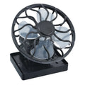 Black solar-powered clip-on cooling fan with solar panel for outdoor camping and travel