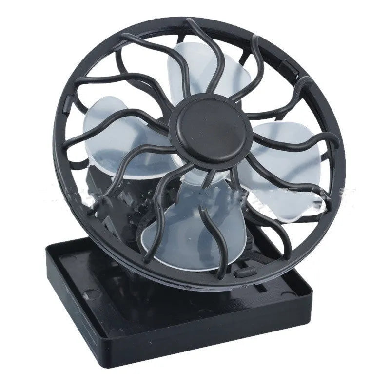 Black solar-powered clip-on cooling fan with solar panel for outdoor camping and travel