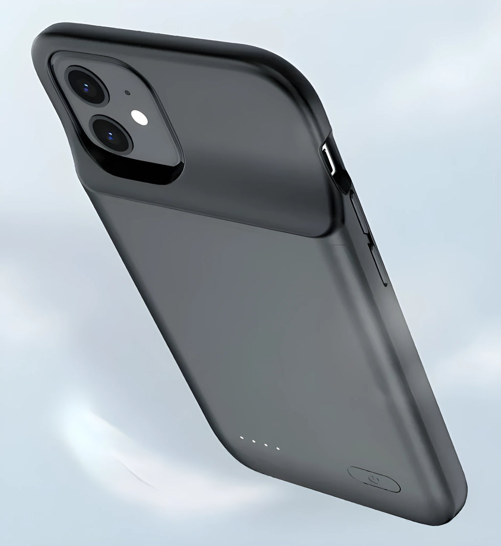 Ultra-thin black TPU back clip battery for iPhone 12 with multi-U port output.