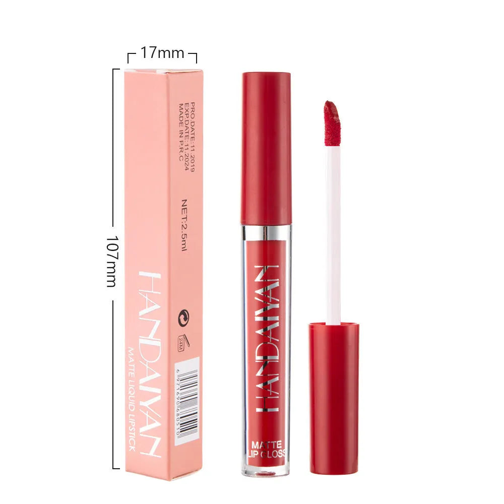 HANDAIYAN matte liquid lipstick in tube with non-fading, non-stick cup formula, 2.5ml size.