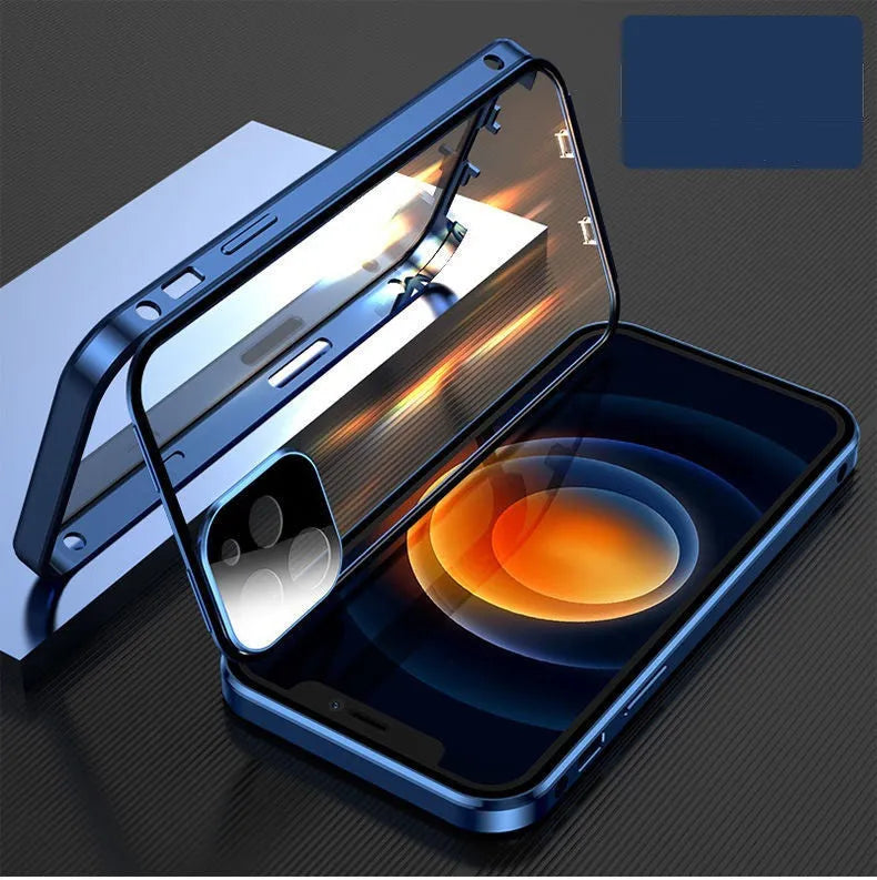 Black aluminium and tempered glass bumper case for iPhone, showing front and camera lens protection.