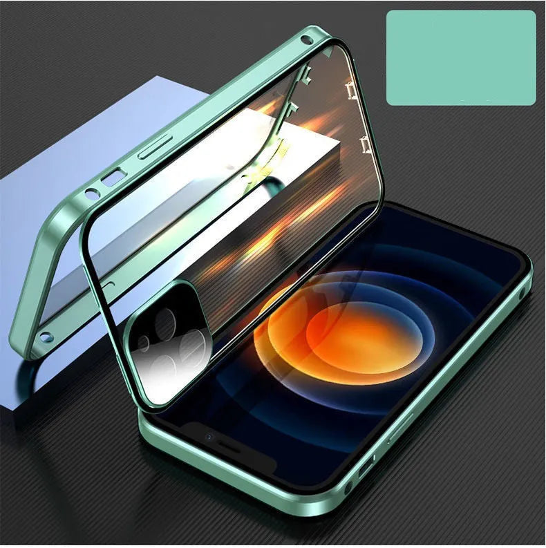Black aluminium and tempered glass bumper case for iPhone, showing front and camera lens protection.