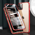 Black aluminium and tempered glass bumper case for iPhone, showing front and camera lens protection.