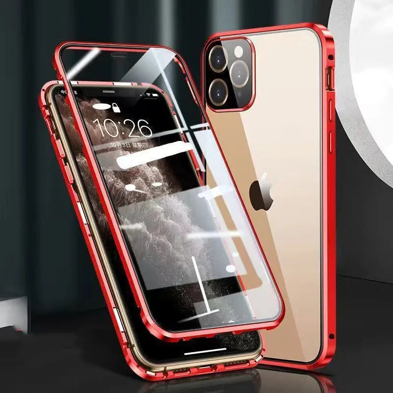 Black aluminium and tempered glass bumper case for iPhone, showing front and camera lens protection.