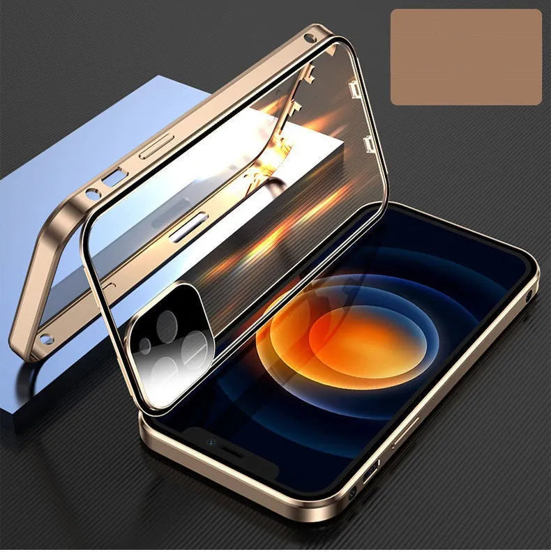 Black aluminium and tempered glass bumper case for iPhone, showing front and camera lens protection.