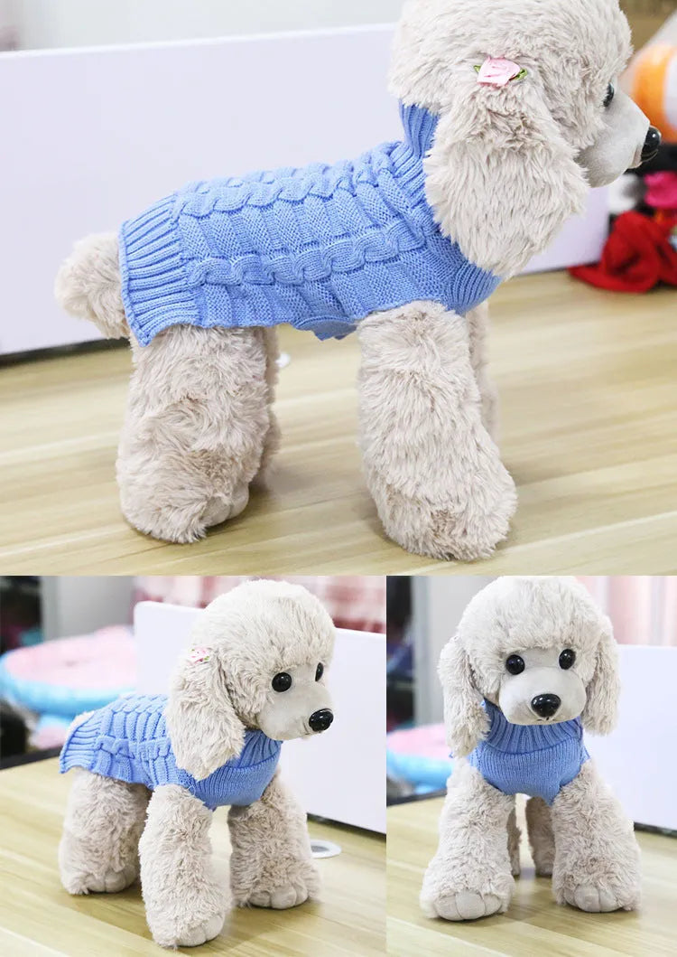 Blue cashmere twisted rope design dog sweater on a mannequin, showing textured wool knit.