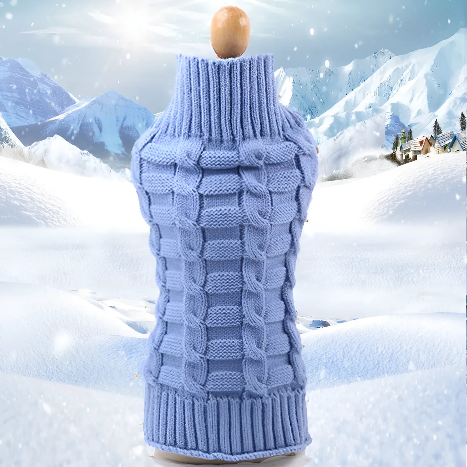 Blue cashmere twisted rope design dog sweater on a mannequin, showing textured wool knit.