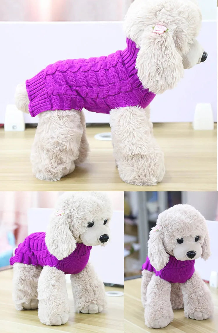 Blue cashmere twisted rope design dog sweater on a mannequin, showing textured wool knit.