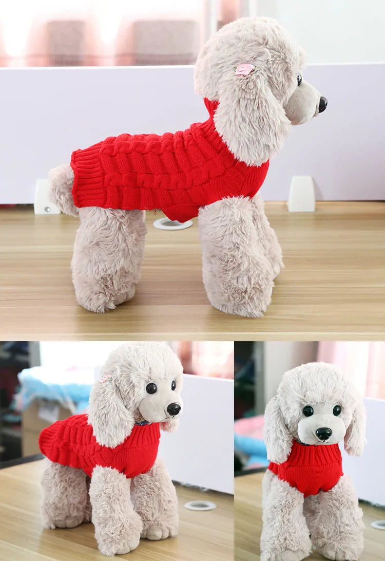 Blue cashmere twisted rope design dog sweater on a mannequin, showing textured wool knit.