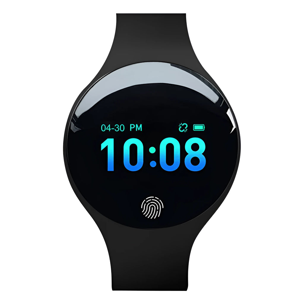 Blue Bluetooth smart watch with pedometer on wrist showing 0.66-inch screen and 37mm dial.