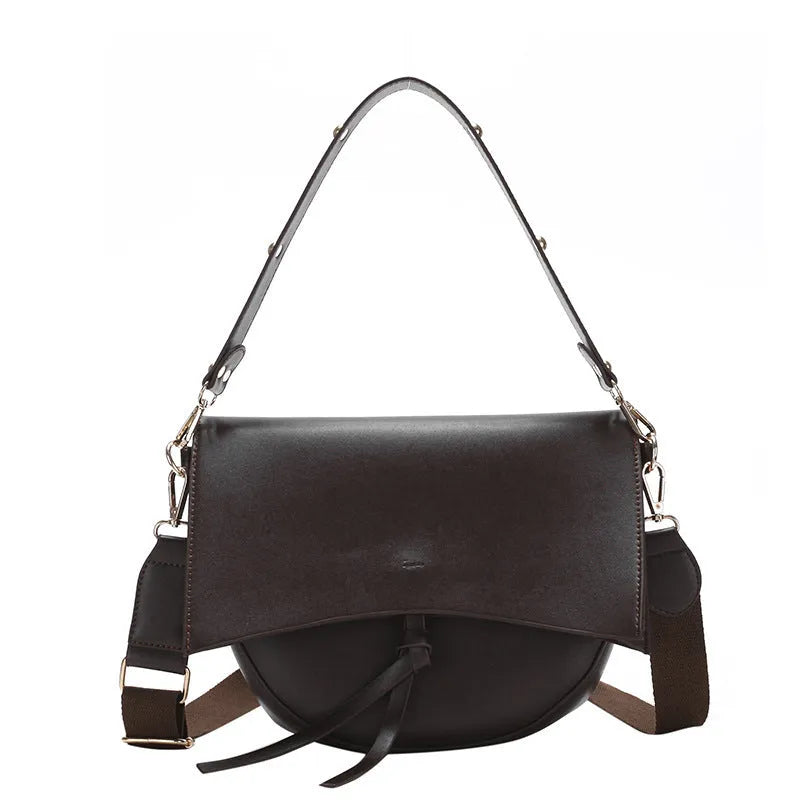 Picture In Cheek retro broadband one-shoulder messenger bag, medium square PU women's bag, black brown coffee