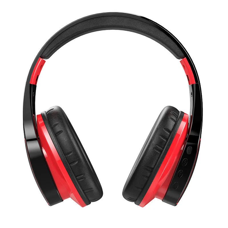 Head-mounted folding Bluetooth 5.0 stereo headset with subwoofer, battery display, in black, red, or white.