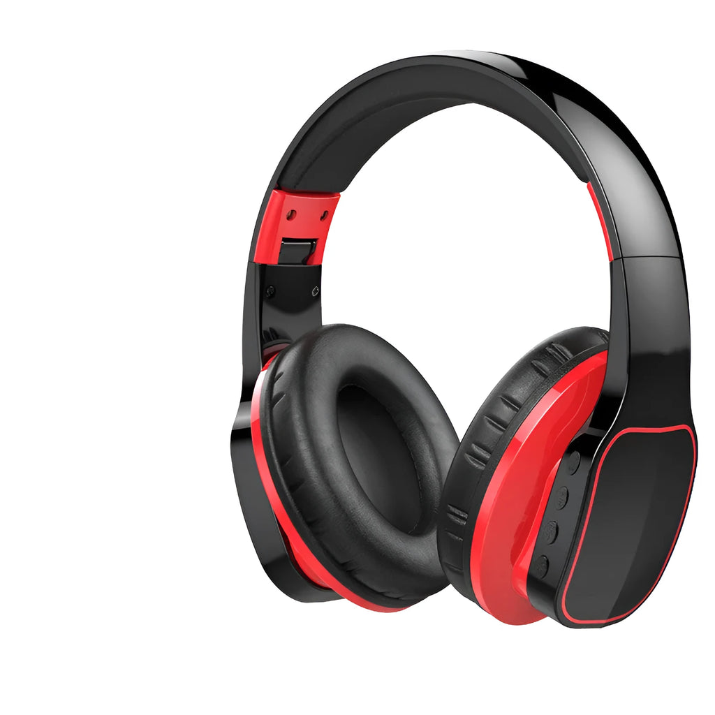 Head-mounted folding Bluetooth 5.0 stereo headset with subwoofer, battery display, in black, red, or white.