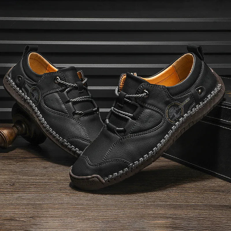 Men's plain pattern casual leather shoes with round toe and microfiber upper