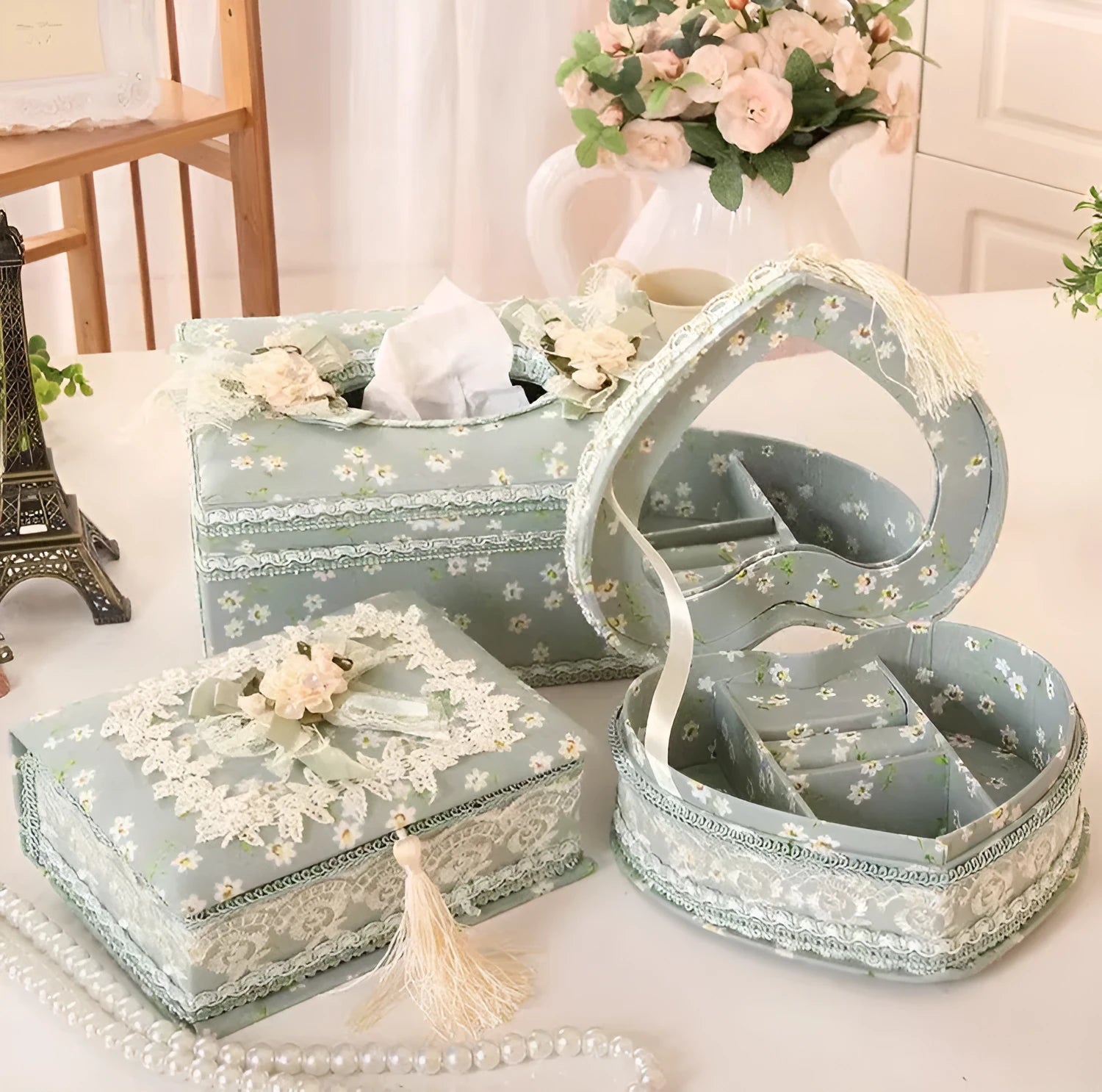 Ceramic jewellery storage box with tissue dispenser in green, pink or apricot colours