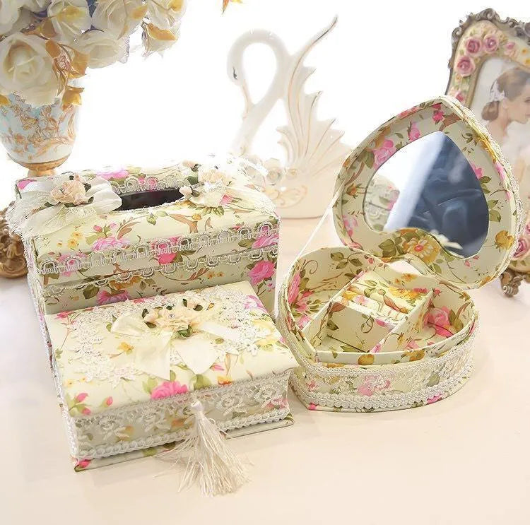 Ceramic jewellery storage box with tissue dispenser in green, pink or apricot colours