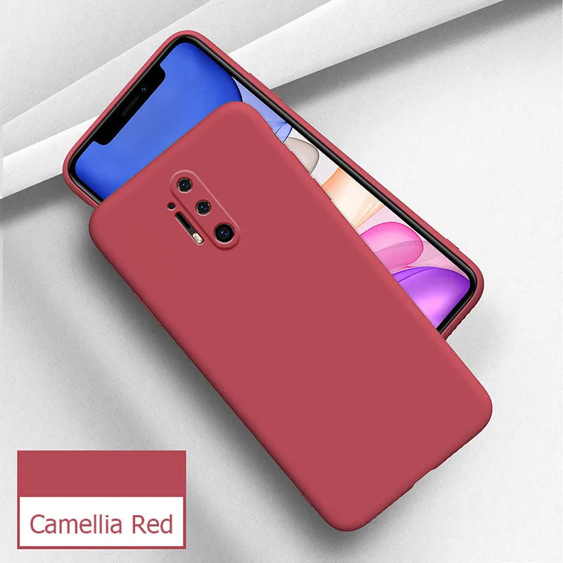 Liquid silicone phone case for OnePlus 8 Pro in black, blue, green, grey, or red.