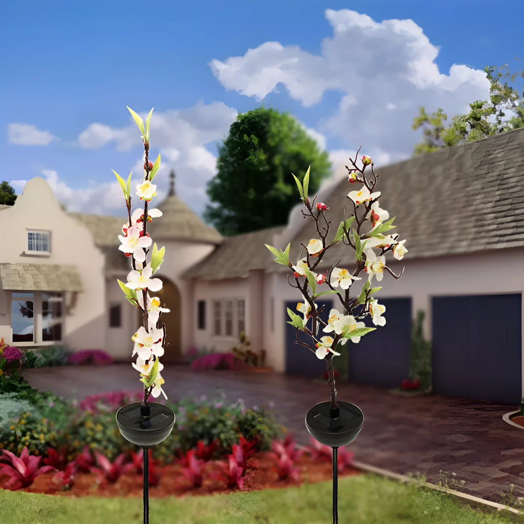 Solar-powered cherry tree branch garden stake light with ground spike for outdoor decoration