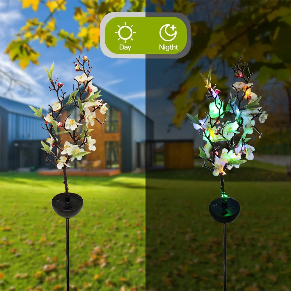 Solar-powered cherry tree branch garden stake light with ground spike for outdoor decoration