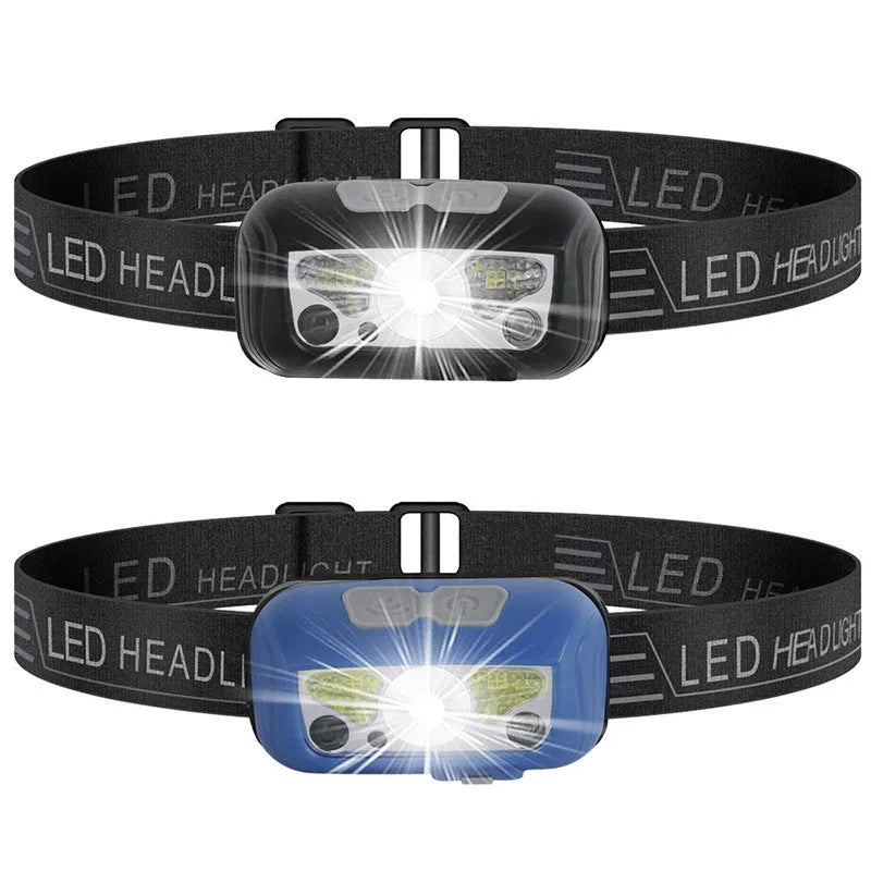 Black or blue USB rechargeable LED head torch with motion sensor and red running lights on headband