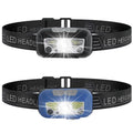 Black or blue USB rechargeable LED head torch with motion sensor and red running lights on headband