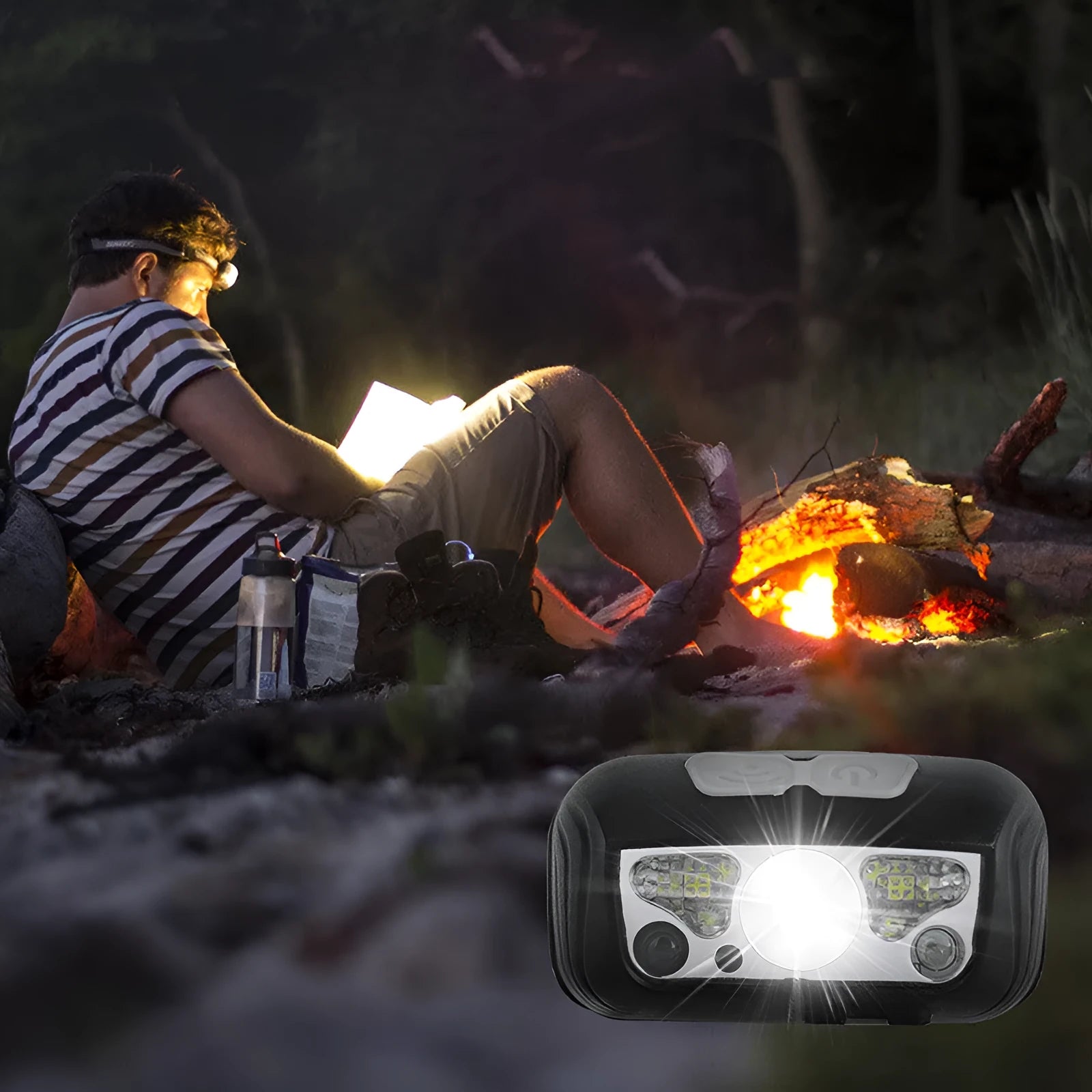 Black or blue USB rechargeable LED head torch with motion sensor and red running lights on headband