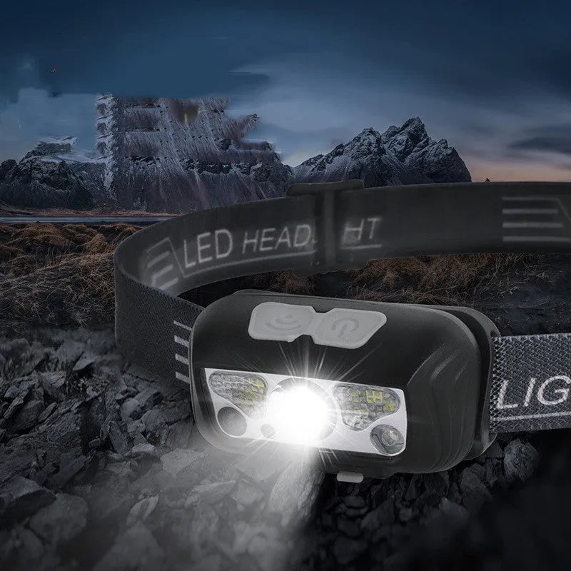 Black or blue USB rechargeable LED head torch with motion sensor and red running lights on headband
