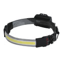 COB LED headlamp with built-in 1800mAh rechargeable battery, adjustable headband, and USB cable, shown in black.