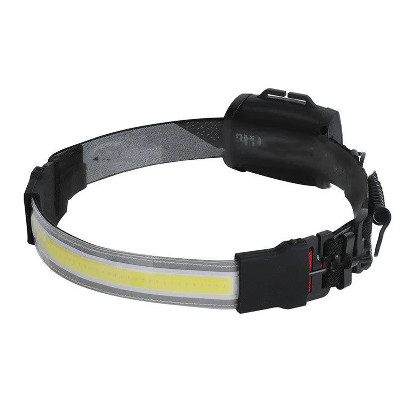 COB LED headlamp with built-in 1800mAh rechargeable battery, adjustable headband, and USB cable, shown in black.