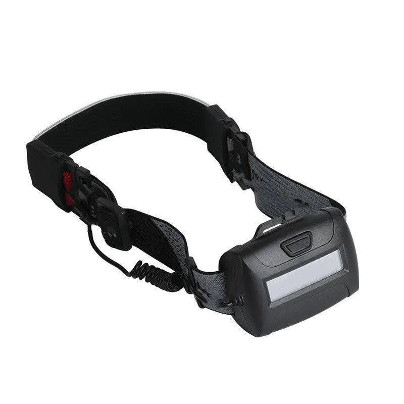 COB LED headlamp with built-in 1800mAh rechargeable battery, adjustable headband, and USB cable, shown in black.