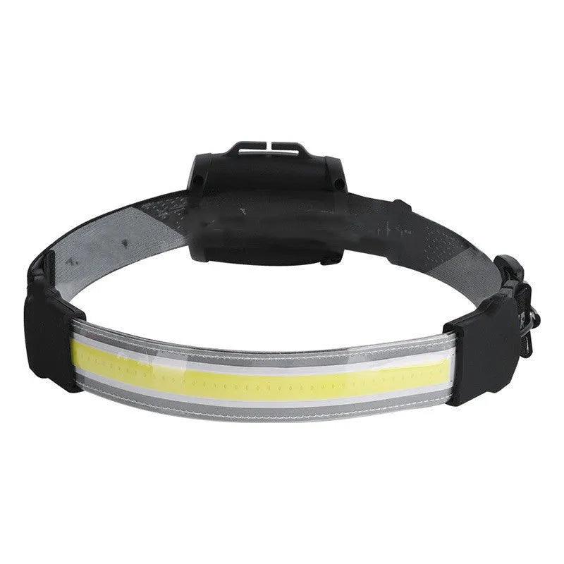 COB LED headlamp with built-in 1800mAh rechargeable battery, adjustable headband, and USB cable, shown in black.