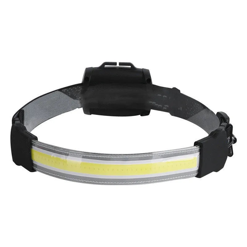 COB LED headlamp with built-in 1800mAh rechargeable battery, adjustable headband, and USB cable, shown in black.
